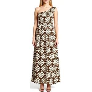 Hill House Home Thea One Shoulder Nap Dress Chocolate Shell Mosaic Crepe NWT S